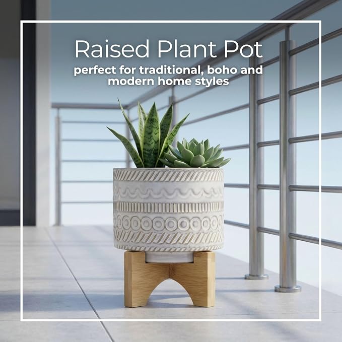 Embossed Ceramic Planters with Wood Stand for Flower Pots Home Decor Pots for Entryway, Tabletop, and Garden - Small Raised Container with Stand for Indoor and Outdoor Plants - 8", Ivory & Tan