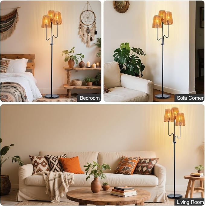 MAYNA 68" Boho Rattan Floor Lamp, 3-Light Black Tree Floor Lamp with Hand-Woven Wicker Shades, Tall Standing Lamp with Foot Switch for Living Room, Bedroom, Nursery, Rustic Farmhouse Decor