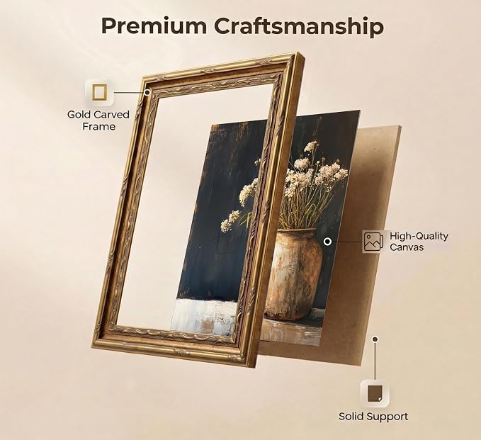 Vintage Gold Framed Wall Art,Fall Dried Flowers Antique Vase Country Oil Painting Canvas Prints,Dark Moody Rustic Farmhouse Floral Still Life Picture,for Living Room Bedroom Shelf Decoration, 9x11in