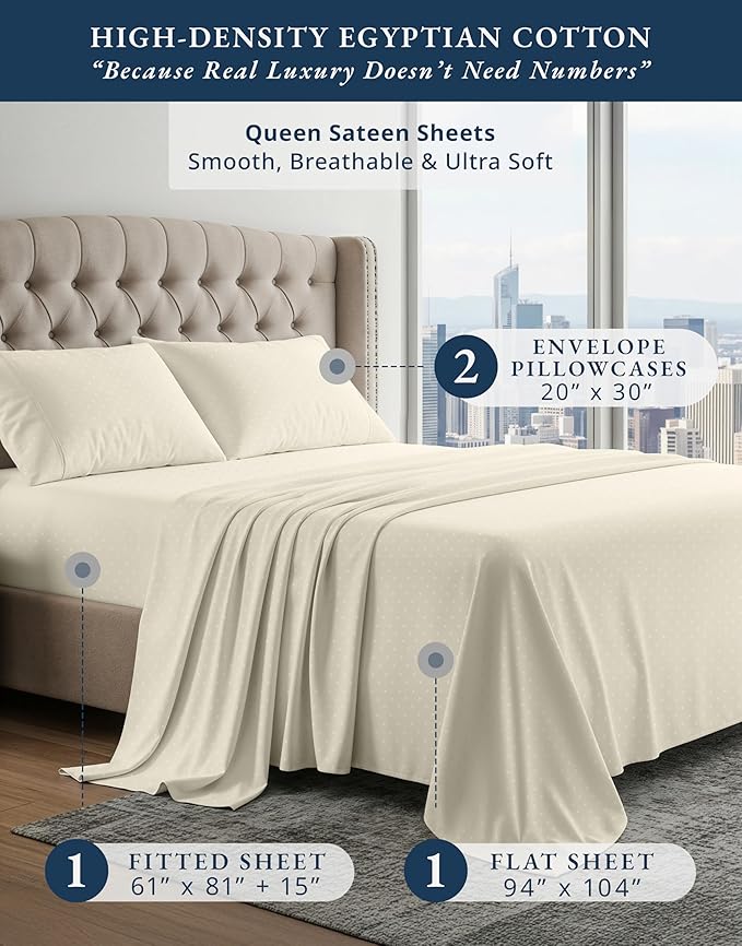 100% Egyptian Cotton Sheet Set Queen Size – Silky Sateen Weave Queen Sheet Set for Winter Sleep Comfort, 15" Snug Fit Deep Pocket, Breathable Hotel-Quality Soft Luxury You Can Feel - Swiss Dot Ivory