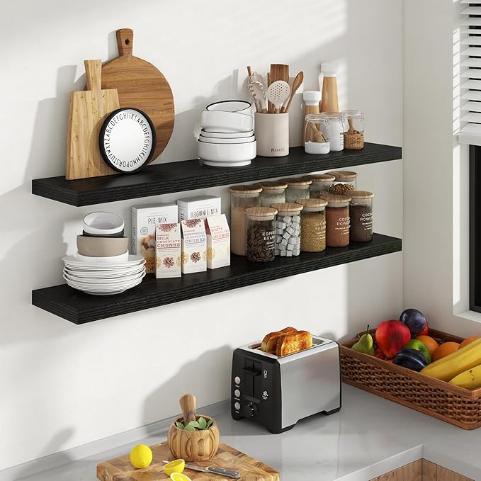 48 Inch Floating Shelves, 8 Inch Deep Floating Shelves for Wall, Hanging Shelf with Invisible Brackets, Deep Shelves for Bathroom, Bedroom, Living Room, Black, Set of 2