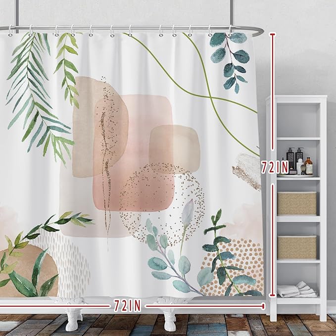 Baocicoo Minimalist Leaves Shower Curtain - Modern Abstract Geometric Botanical Design for Bathroom, Family, Camping, Hostel - Polyester With Hooks, 72x72 Inches