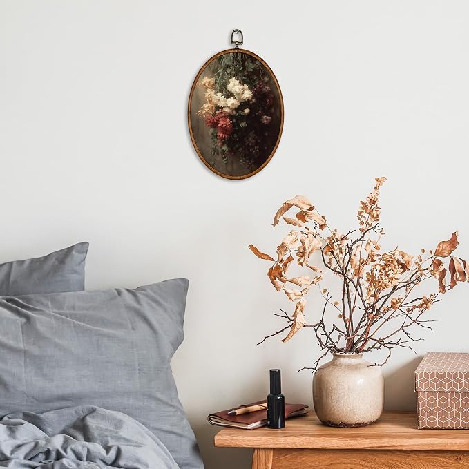 KSDUT Retro Flower Wall Art Decor - Mid Century Modern Neutral Wall Art Canvas Frame Hanging Prints, Vintage Dark Academia Floral Oval Artwork Decor for Gallery Home Decorations 8.6"x11.4"