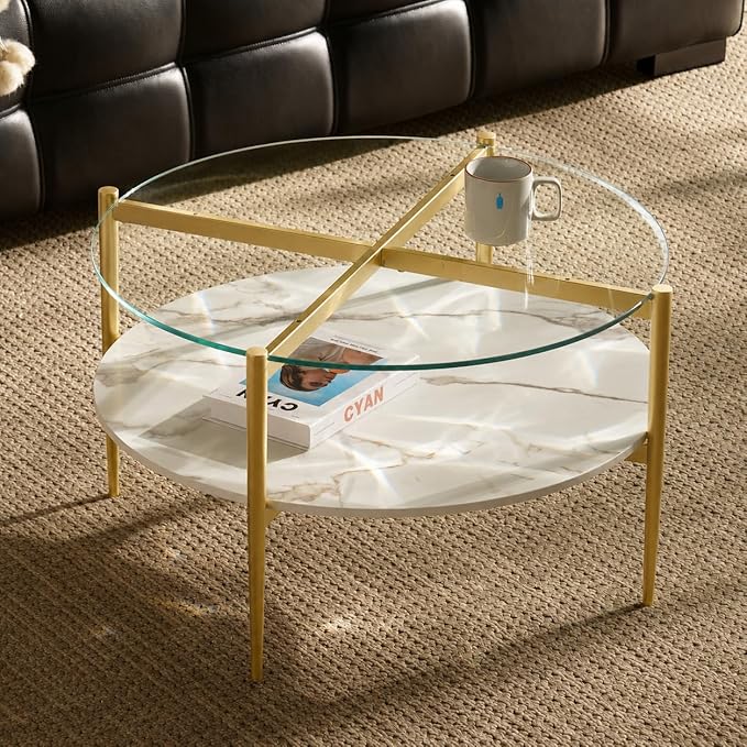 AGV LIGHTING 30" Round Glass Coffee Table,Mid-Century Modern Coffee Table for Living Room, Glod Finish Leg,2-Tier,Tempered Glass Top with White Marble MDF Shelf