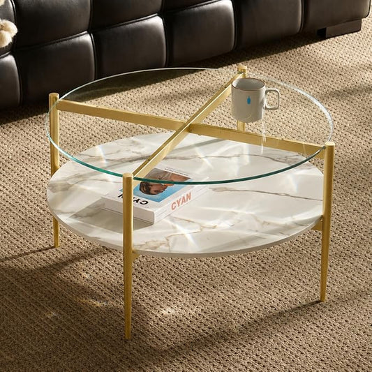AGV LIGHTING 30" Round Glass Coffee Table,Mid-Century Modern Coffee Table for Living Room, Glod Finish Leg,2-Tier,Tempered Glass Top with White Marble MDF Shelf
