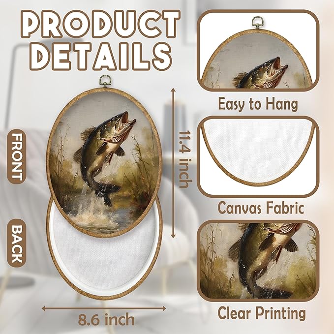 CGBHW Retro Fish Oval Wall Art Decor, Coastal Beach Canvas Prints Framed, Moody Fish Wall Art Hanging Decor for Kitchen Dining Room Beach Home Decorations, 8.6x11.4 Inch