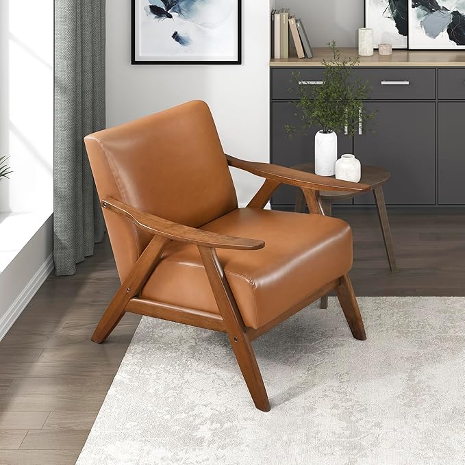 Lexicon Mid Century Modern Accent Chair with Solid Wood Frame in Walnut Finish, Faux Leather Living Room Lounge Arm Chair, Thick and Comfy Innerspring Seat Cushion, Brown