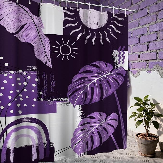 Purple Mid Century Modern Shower Curtain Bohemian Abstract Lavender Shower Curtains for Bathroom Decor Sets, Waterproof Cloth Fabric with Hooks, 72x84 Inch