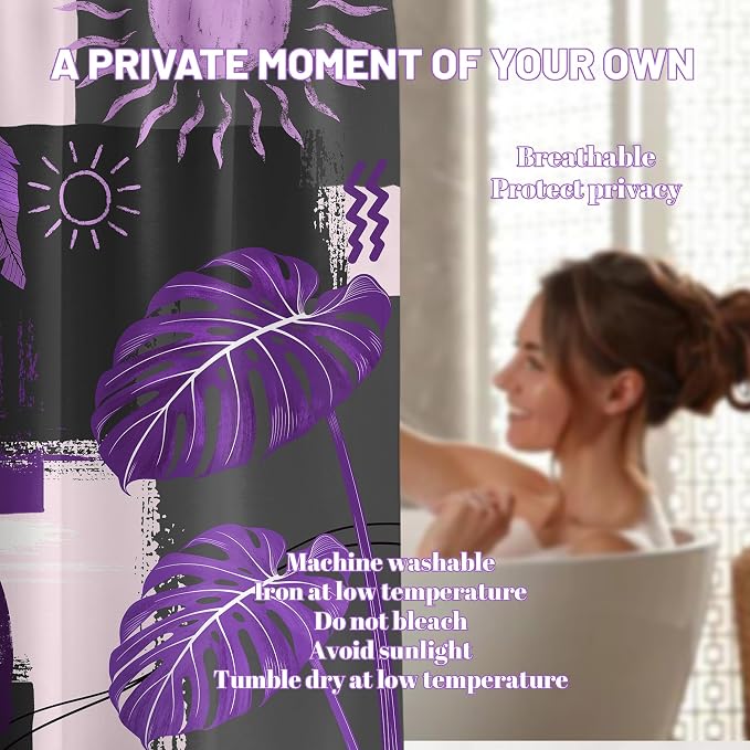 Purple and Gray Mid Century Modern Shower Curtain Bohemian Abstract Dark Purple and Grey Shower Curtains for Bathroom Decor Sets, Waterproof Cloth Fabric with Hooks, 70x72 Inch