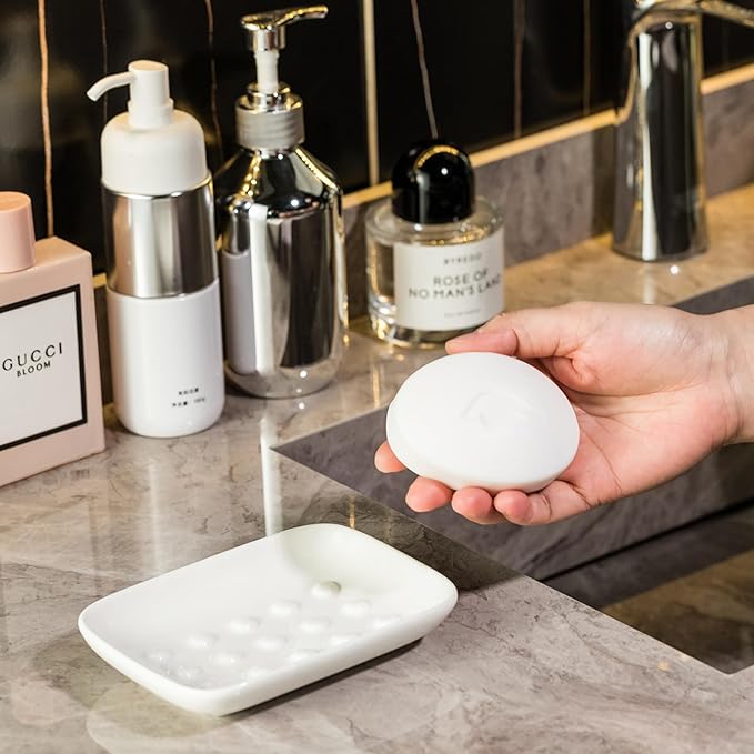 Soap Dish, Ceramic Soap Holder Shower Soap Dish for Bar Soap Sponge, Soap Saver Tray for Bathroom Kitchen Sink, White (Pack of 2)