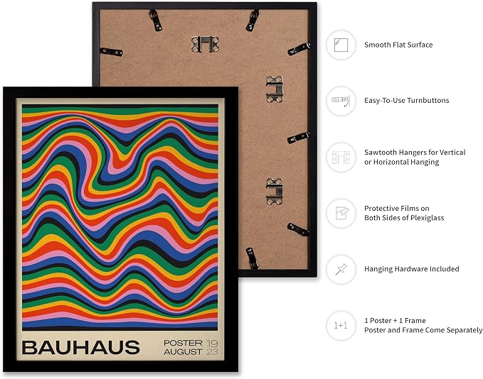 Poster Master Bauhaus Poster - Psychedelic Waves Print - Abstract ART - Rainbow ART - Groovy Style - Chic Boho - Mid Century Modern - Living Room or Bedroom Wall Decor - 16x20 Black Framed