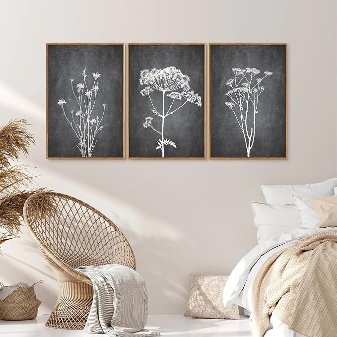 Tinonedraw Black and White Floral Framed Canvas Wall Art Set, Vintage Flower Wall Decor, Dark Academia Minimalist Botanical Art Paintings, Wildflower Art Print for Living Room Bedroom Office 16"x24"x3