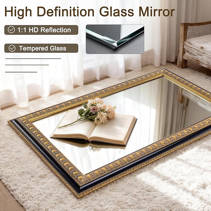 Vintage Mirror for Wall, 36" L x 24" W Baroque Mirror with Carved Wood Frame and Handmade Aged Gold Finish, Horizontal/Vertical Hanging, Rectangular Mirrors for Living Room Bathroom Fireplace
