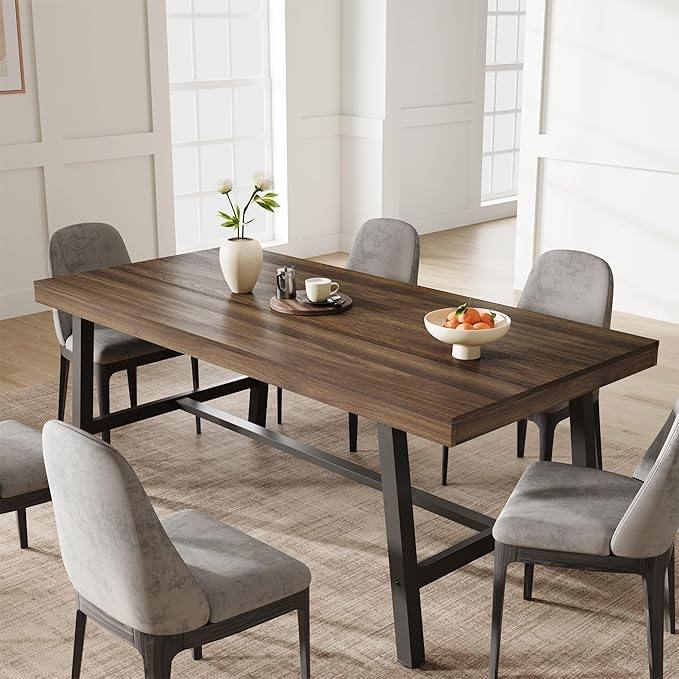 GarveeHome Industrial Dining Table for 6-8 People, 70.87 in Long Wooden Kitchen Table with Sturdy Metal Frame & Rustic Brown Finish (Brown, 70.87 in Long)
