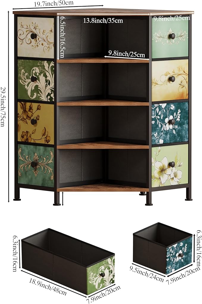 LUMTOK 8 Drawers Corner Dresser with Storage Fabric Drawers and Open Shelves for Small Space，Bedroom，Entryway，Living Room (Retro Pattern)