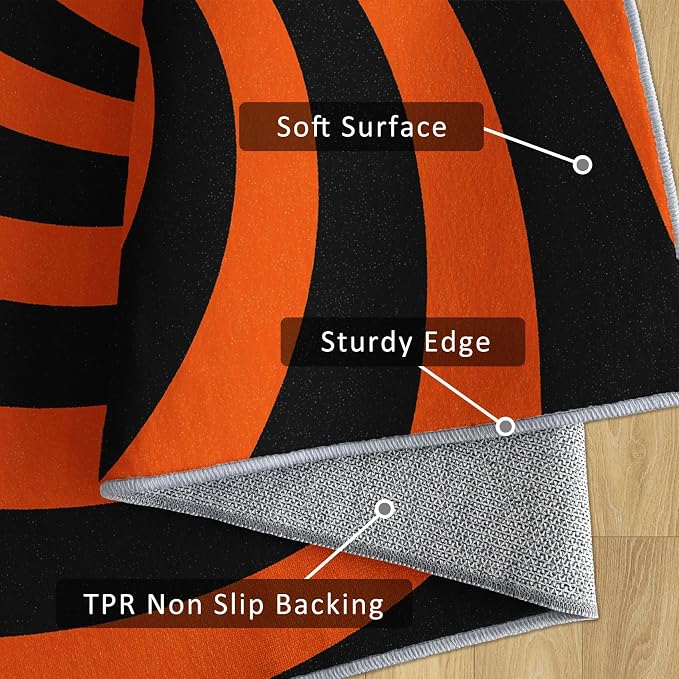 70s Rug 5x8 Swirl Abstract Black Orange Striped Pattern Area Rugs for Living Room, Bedroom, 70s Home Decor Accessories Indoor Carpet, Non Slip & Machine Washable, GD0377