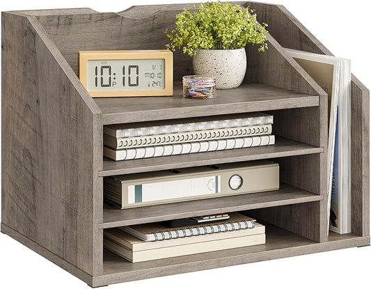 CHOEZON Wooden Desk Organizer with Adjustable Partitions, Multi-Layer Desktop File Holder for Home Office, Paper & Stationery Storage Organizer, Greige MWJ04FH