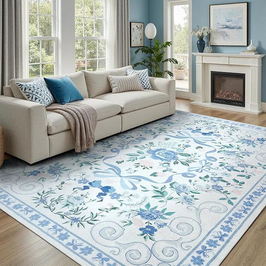 DCX Washable 8x10 Bow Rug, Blue Floral Rug for Girls’ Bedroom, Cute Soft Low Pile Indoor Décor Carpet, Kid & Pet Friendly Nursery Rug for Living Room, Dorm, Playroom