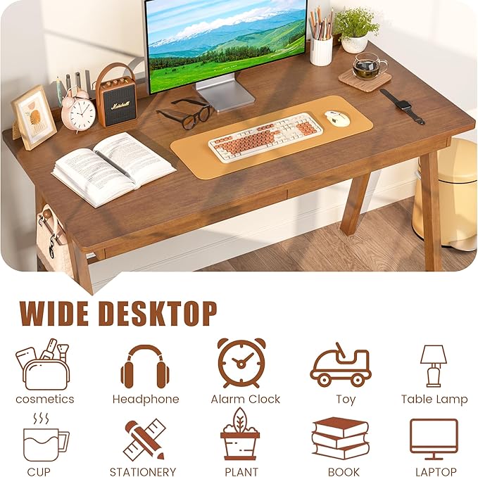 100% Solid Wood Desk with Drawers & Storage Shelf - 48 x 24 Inch Mid Century Modern Desks, Vintage Writing Desk with Deeper Desktop, Home Office Computer Desks for Bedroom & Home-Walnut Color