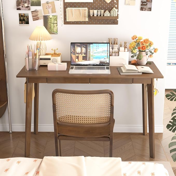 Solid Wood Desk with Drawers - 47 x 16 Inch Modern Narrow Desks, Rubber Wood Study Table, Small Writing Desk for Small Spaces|Bedroom - Black Desks