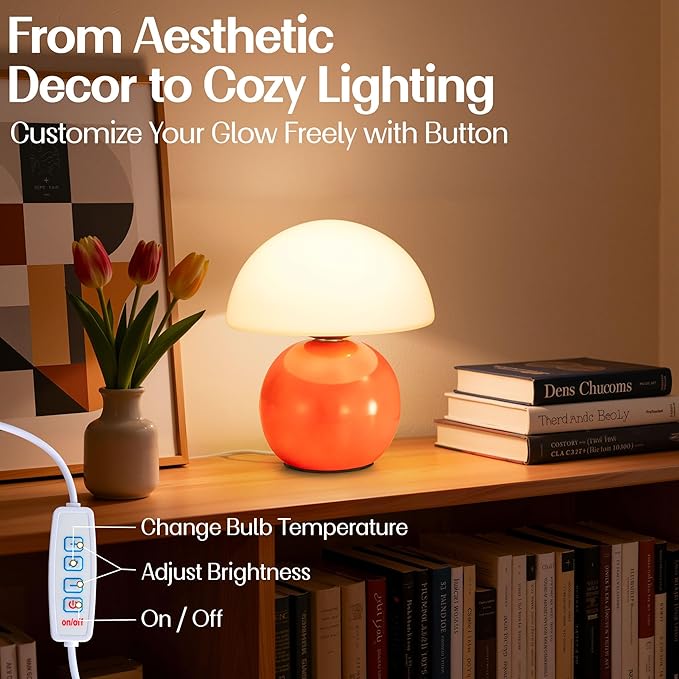 Small Mushroom Lamp,USB-Plug in Bedside Table Lamps with 3-Temperature LED Bulb Dimmable,Unique Cute Aesthetic Home Decor for Living Room,Bedroom, Modern Ceramic Base Glass Lamp(Orange)
