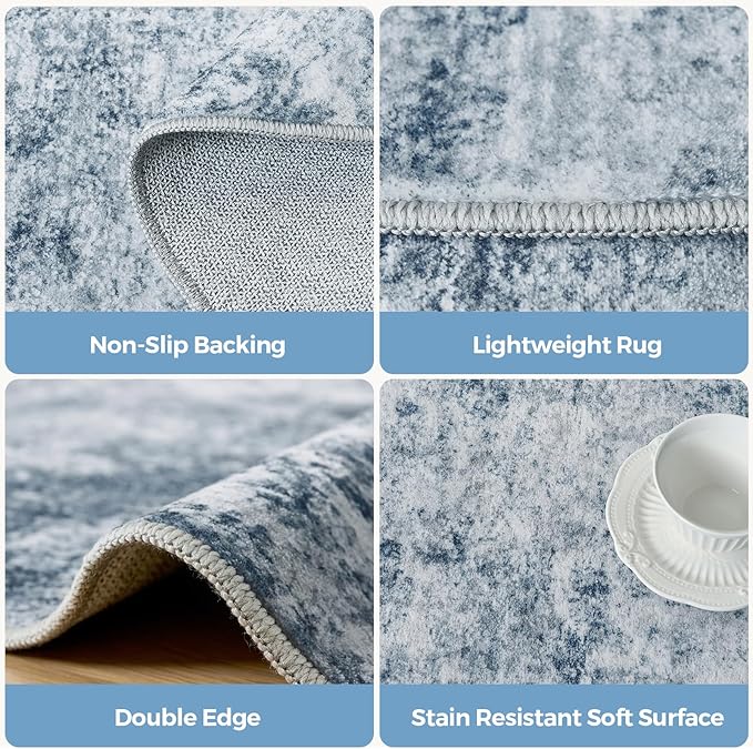 WITSHOCK 6ft Round Area Rug for Living Room: 6x6 Washable Neutral Modern Abstract Soft Thin Rug Indoor Floor No Slip Rug Carpet for Bedroom Under Dining Table Home Office Decor (Blue)