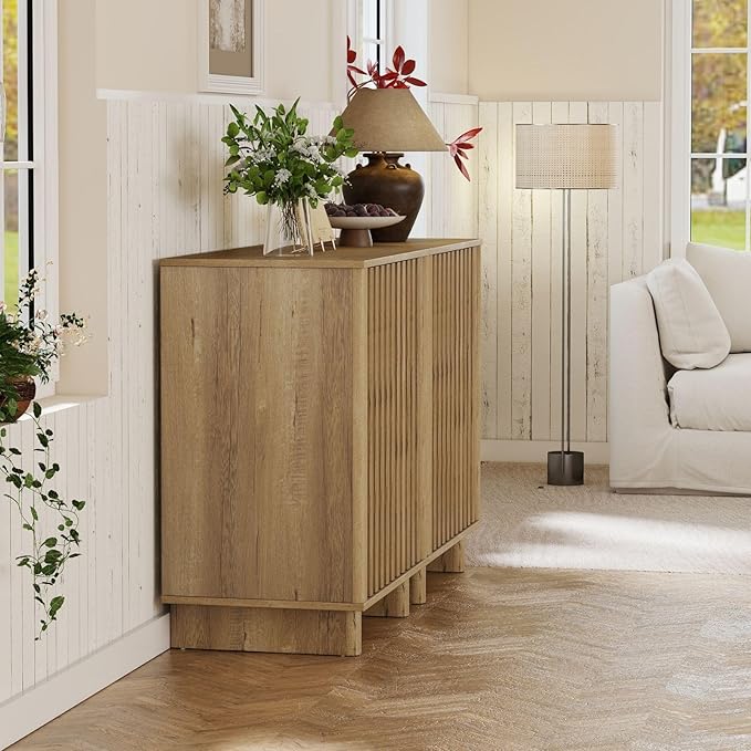 Sideboard Buffet Cabinet with Storage, Natural Freestanding Floor Cabinet Farmhouse Sideboard with 2 Fluted Doors Wooden Hallway Cabinet Media Console Table Credenza for Living Room Dining Room, 3PCS