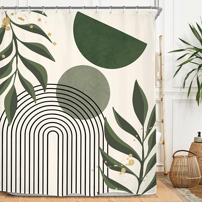 Miyotaa Abstract Sage Green Minimalist Shower Curtain Set 60Wx71H Inches Geometric Aesthetic Modern Mid Century Neutral Contemporary Plant Leaves Waterproof Bathroom Curtain with 12 Hooks