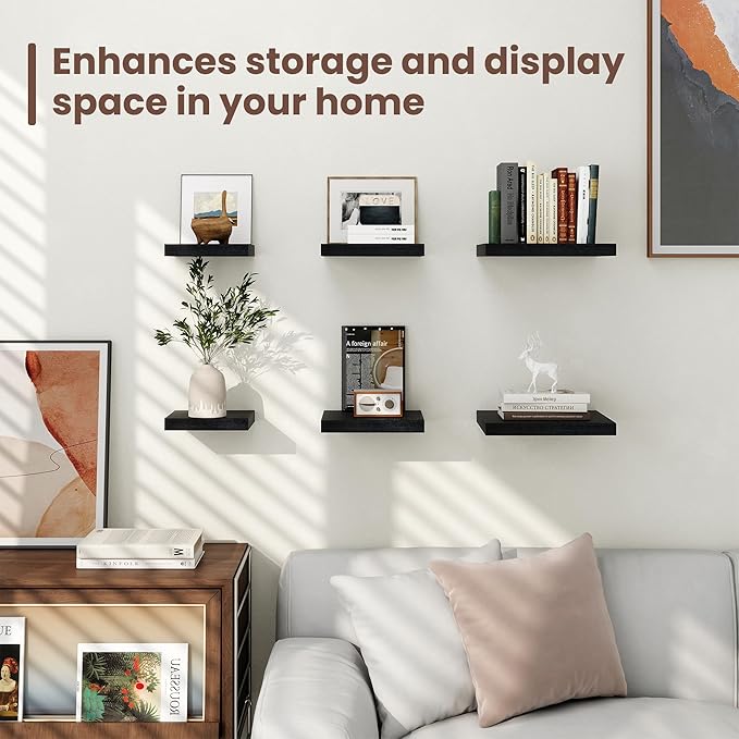 Fun Memories Floating Shelves for Wall - 12 Inch Square Shelves with Invisible Brackets, Black Small Wall Shelf for Living Room, Bathroom, Bedroom, and Kitchen Decor，Set of 4