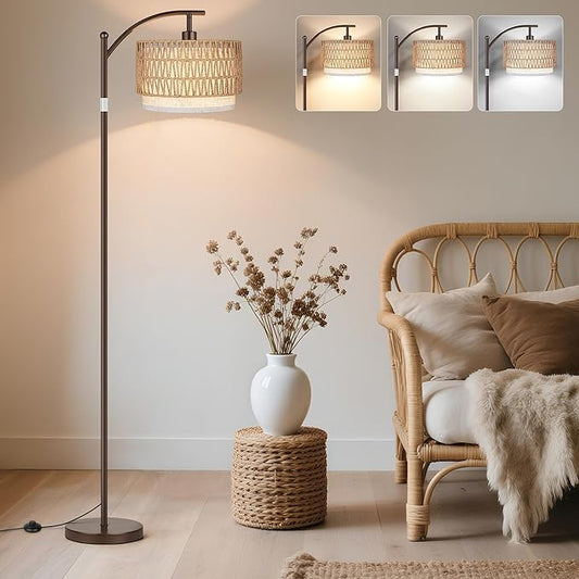 ROTTOGOON Arc Floor Lamps for Living Room, Boho Farmhouse Floor Lamp with Remote & Dimmable Bulb, Standing Lamp with Rattan & Fabric Shades, Adjustable Tall Lamp for Bedroom Office-Brown