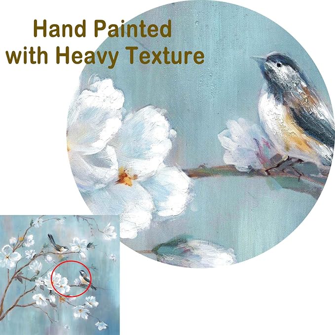 White Floral Canvas Artwork Wall: Elegant Flower Tree and Birds Wall Art Painting for Living Room (20'' x 20'' x 1 Panel)