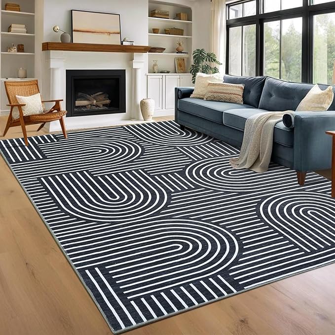 Washable Rug 9x12 Area Rugs for Living Room, Abstract Rug for Bedroom, Soft Rainbow Non Slip Throw Rugs with Rubber Back, Low Pile Stain Resistant Boho Geometric Carpet for Dining Room, Blue
