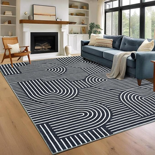 Washable Rug 9x12 Area Rugs for Living Room, Abstract Rug for Bedroom, Soft Rainbow Non Slip Throw Rugs with Rubber Back, Low Pile Stain Resistant Boho Geometric Carpet for Dining Room, Blue