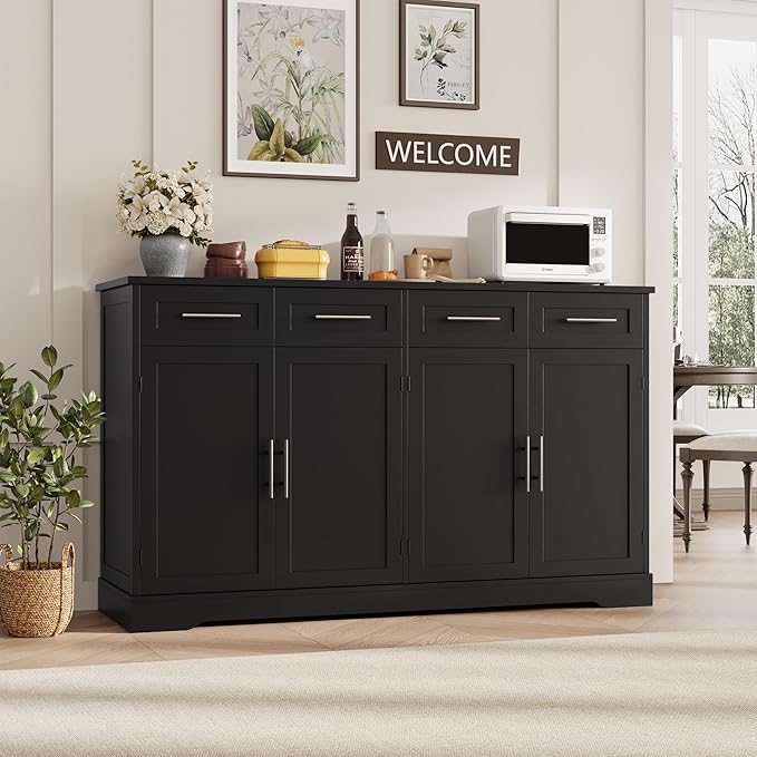 HOSTACK 60" Large Buffet Sideboard with Storage, 36" Tall Kitchen Buffet Storage Cabinet with 4 Drawer, Modern Coffee Bar Cabinet with Silver Handle, Long Sideboard Buffet Table for Kitchen, Black