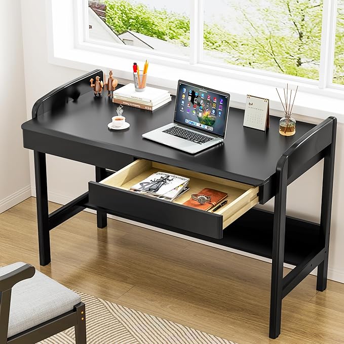 100% Solid Wood Desk with Drawers - 40 Inch Simple Modern Desks, Writing Desk with Drawers & Shelf, Work Study Table, Adjustable Height Home Office Computer Desks - Black