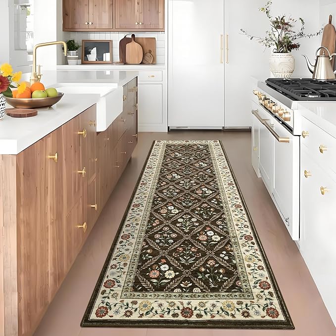 GarveeHome Washable Kitchen Runner 2x6 Non-Slip Floral Carpet Runner for Entryway Indoor Ultra Soft Stain Resistant Long Rugs Farmhouse Floor Mat for Hallways Laundry Bedroom Brown