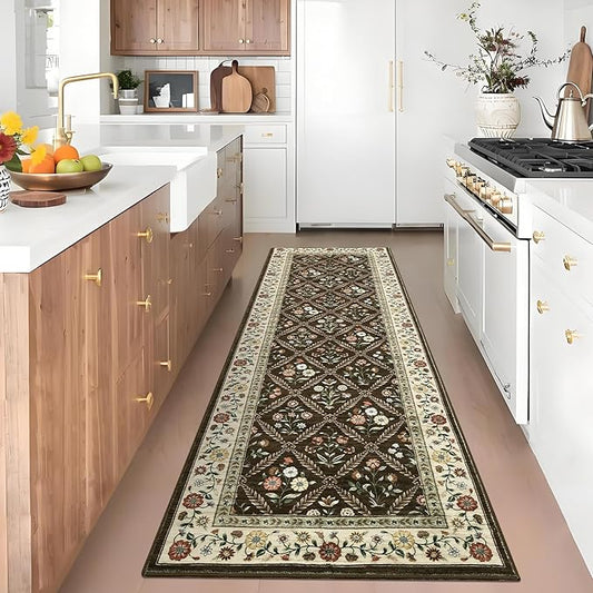 GarveeHome Runner Rug for Hallway Entryway 2.5x8 Farmhouse Floral Non-Slip Machine Washable Kitchen Rug Runner Non-Shedding Low-Pile Soft Long Carpet for Entrance Laundry Room Brown