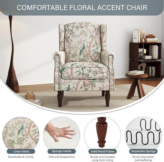 High Back Accent Chairs Set of 2, Fabric Upholstered Armchair Floral Wingback Chair for Living Room, Comfy Single Sofa Solid Wood Legs Bedroom Reading Seat - Pattern Bird