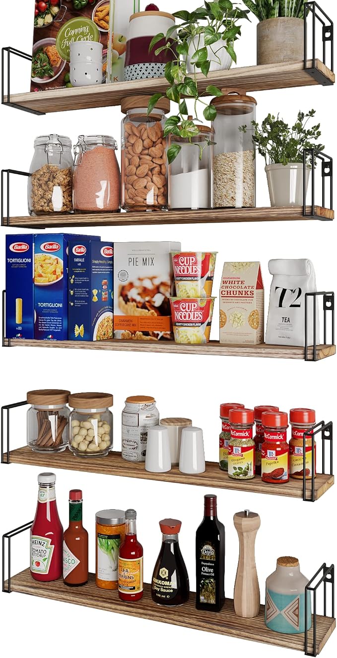 Wallniture Avila 24" Floating Shelves for Wall, Kitchen Organization & Office Shelves, Bookshelf for Living Room Decor, Laundry Room Shelf, Set of 5, Burnt Finish