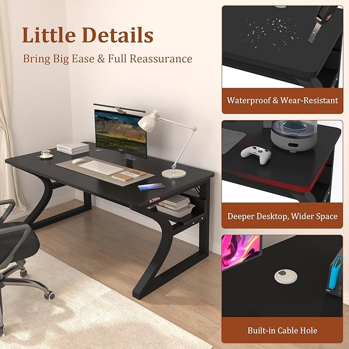 AZN Computer Desk, 47x24 in Computer Desk, Office Desk w/Storage & U-Size Metal Frame for Home Office Bedroom Gaming, Office Desk w/Water-Resistant, Scratchproof Surface, Black