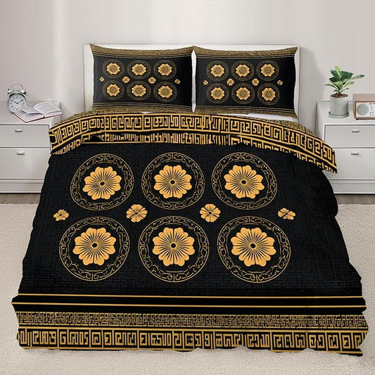 Blossoms Floral Duvet Cover Oversized King, Vintage Greek Key Meander Bedding Set 3 Piece, Luxury Black Gold Patterned Comforter Cover with Zipper Soft Microfiber, 2 Pillowcases