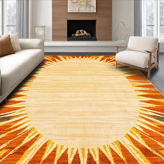 Flatwoven High Traffic Area Rug 4x6, Warm Retro Sun Rays Floor Mat with Symmetrical Circular Geometric Pattern, Non Slip, Stain Resistant, Washable Area Rugs for Living Room, Bedroom (Yellow, 4x6)