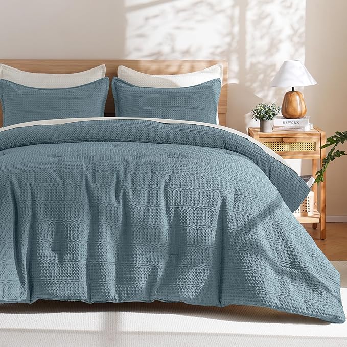 PHF Soft Waffle Comforter Set King Size- Comfy Breathable Waffle Weave Comforter with 2 Pillow Shams, 3 Pieces Less Snagging Lightweight Textured Bedding Set for All Season, Stormy Blue