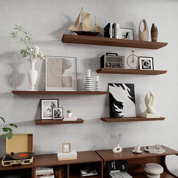 Fun Memories Floating Shelves 36 Inch Long, 9.3 Inch Deep Classic Crown Molding Floating Shelves for Wall, Rustic Wooden Shelves for Wall Decor Bathroom, Kitchen, Office, (Walnut, 2Pack)