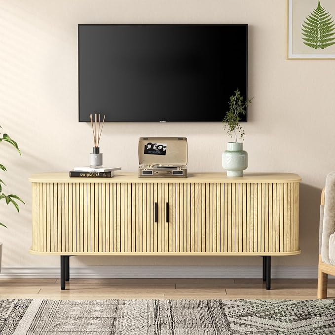 55''W Storage Cabinet, Fluted Sideboard Buffet Cabinet with Storage, Console Table Credenza with Tambour Slatted Sliding Doors and Shelves, Modern TV Stand for Living Room, Kitchen, Entryway, Natural