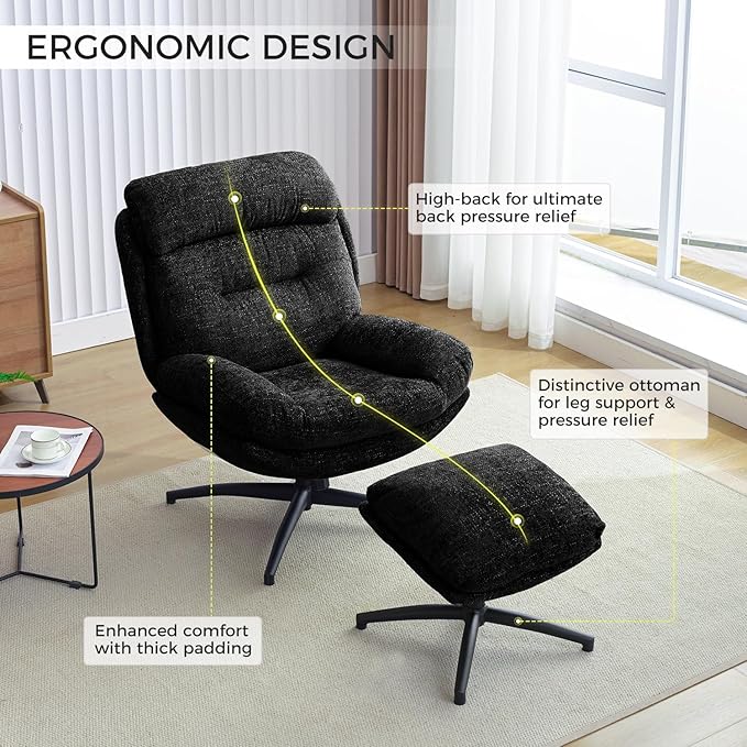 Swivel Accent Chair with Ottoman Set for Living Room, Modern Armchair with High Back, 360 Swivel, Tilt, Ergonomic, Black