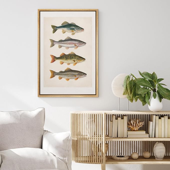 MUDECOR Framed Canvas Print Wall Art Vintage Freshwater Fish Scientific Illustrations Minimalism Decorative Bohemian Zen for Living Room, Bedroom, Office - 24"x36" NATURAL