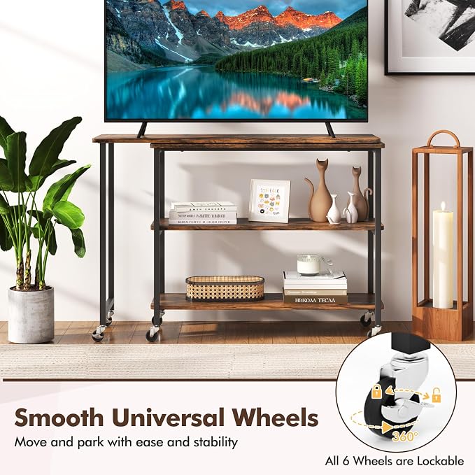 Giantex 360 Rotating End Table, Large Rustic Brown Walnut & Alloy Steel, 40" X 12", 2-Tier Storage Shelves, 265 lbs Weight Capacity