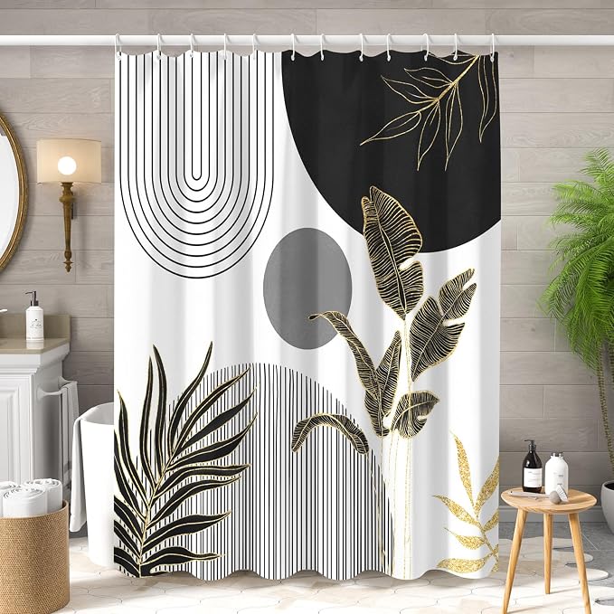 Mid Century Boho Shower Curtain, Abstract Modern Sun Minimalist Aesthetic Shower Curtain, Bohemian Geometric Arch Curve Leaves Neutral Art Fabric Bathroom Curtains Black 72x78 inch