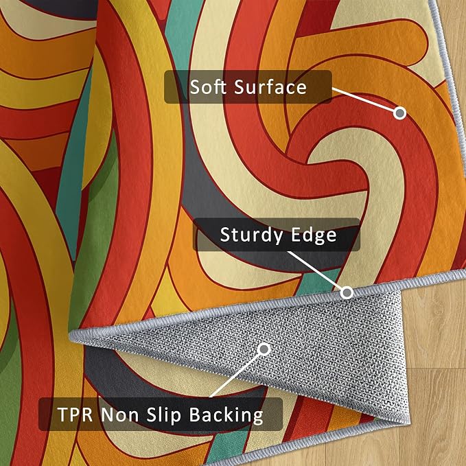 70s Retro Rug 3x5 Abstract Striped Groovy Hippie Pattern Area Rugs for Living Room, Bedroom, 70s Retro Home Decor Accessories Indoor Carpet, Non Slip & Machine Washable, GD0324